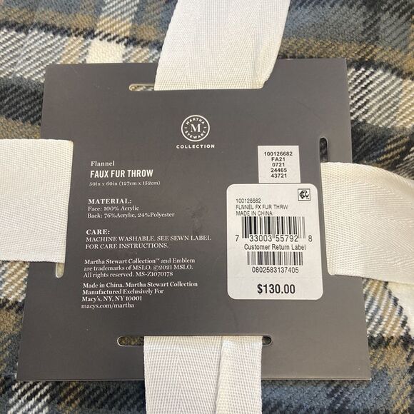Martha Stewart Collection Plaid Flannel Reverse to Faux Fur Throw, Gray - Picture 2 of 5